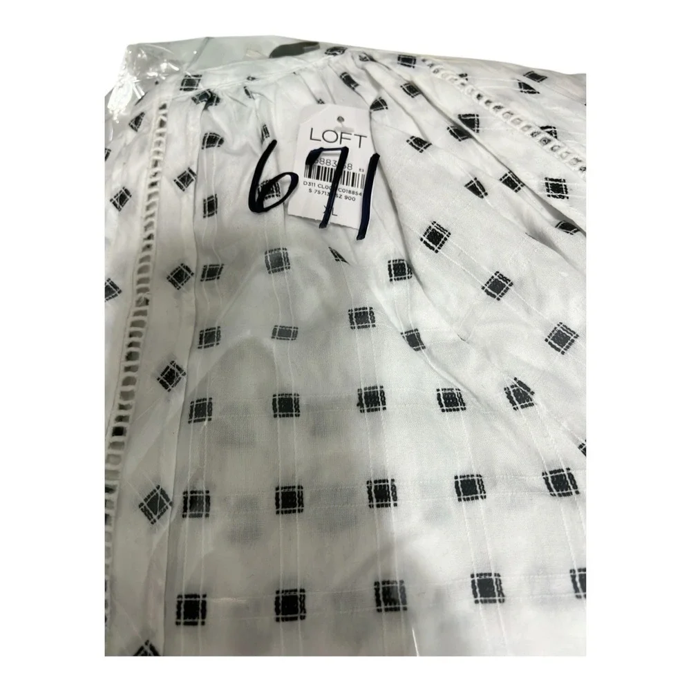 LOFT White Black Geometric Puff Short Sleeve 100% Cotton Blouse Women's XL